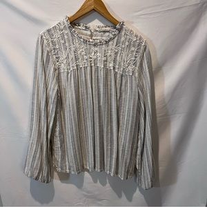World Market Boho High Neck Prairie Blouse  Sz Large Cream Stripe